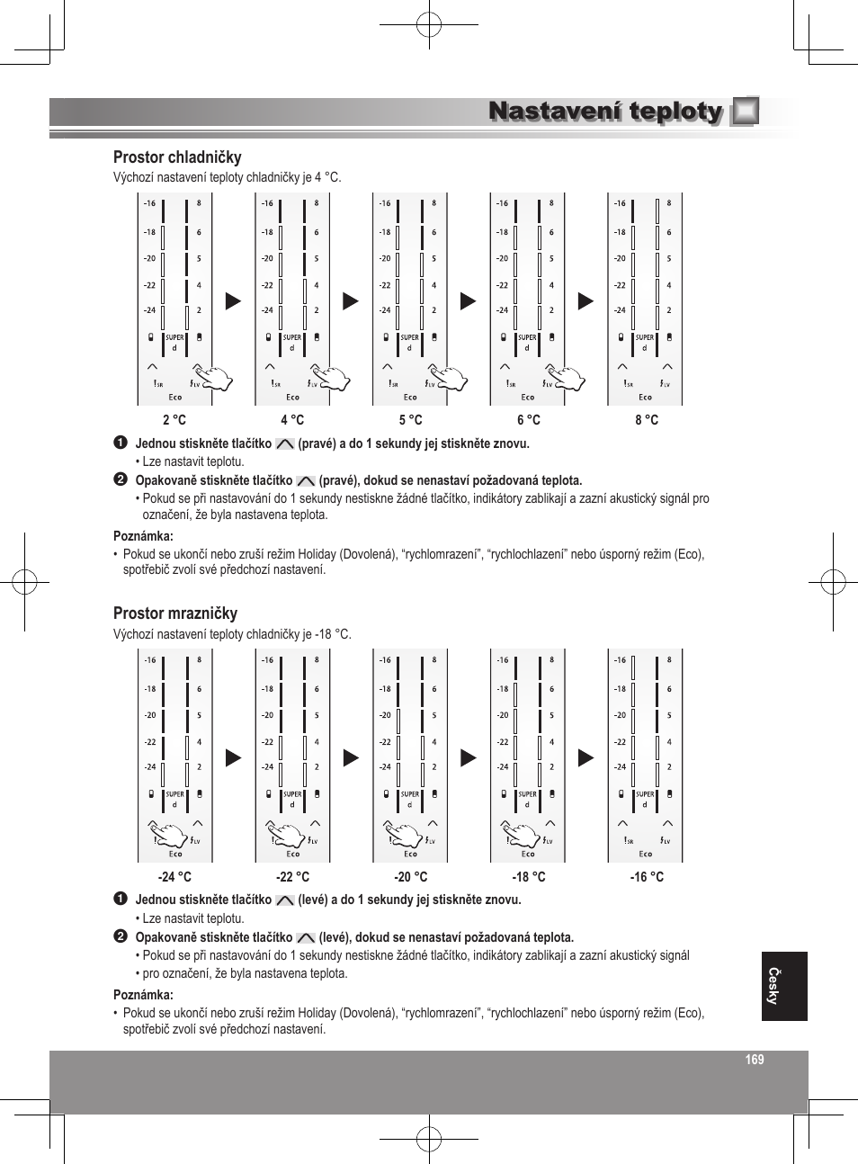 Nastavení teploty, Prostor chladničky, Prostor mrazničky | Panasonic NRB32SW1 User Manual | Page 169 / 180