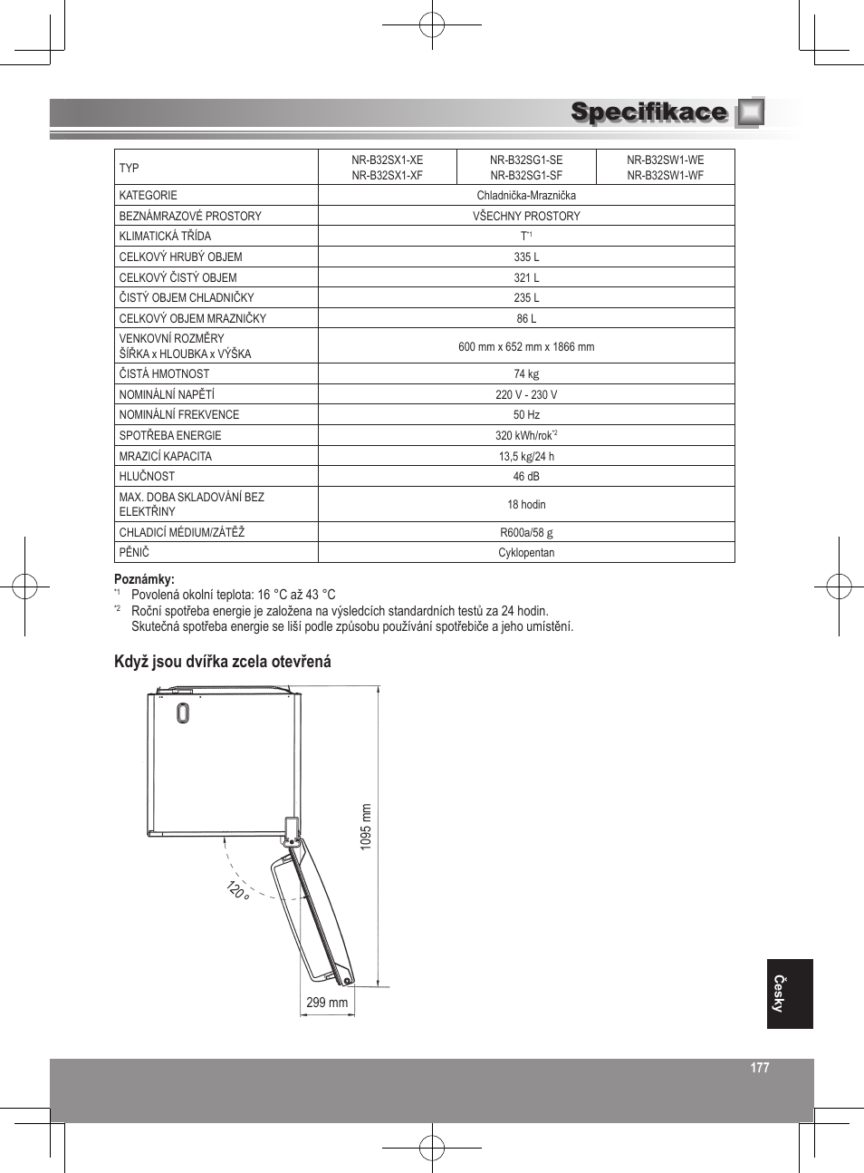 Specifikace, Když jsou dvířka zcela otevřená | Panasonic NRB32SW1 User Manual | Page 177 / 180