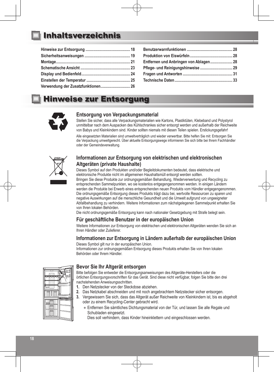 Hinweise zur entsorgung inhaltsverzeichnis, Entsorgung von verpackungsmaterial, Bevor sie ihr altgerät entsorgen | Panasonic NRB32SW1 User Manual | Page 18 / 180