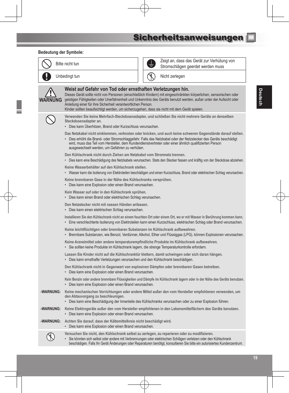 Sicherheitsanweisungen | Panasonic NRB32SW1 User Manual | Page 19 / 180