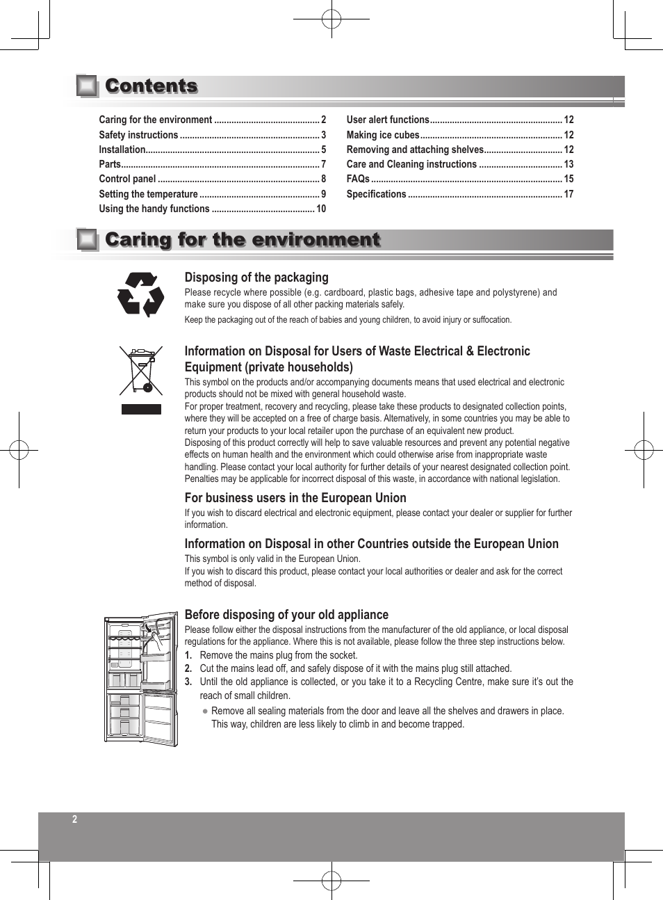 Caring for the environment contents | Panasonic NRB32SW1 User Manual | Page 2 / 180