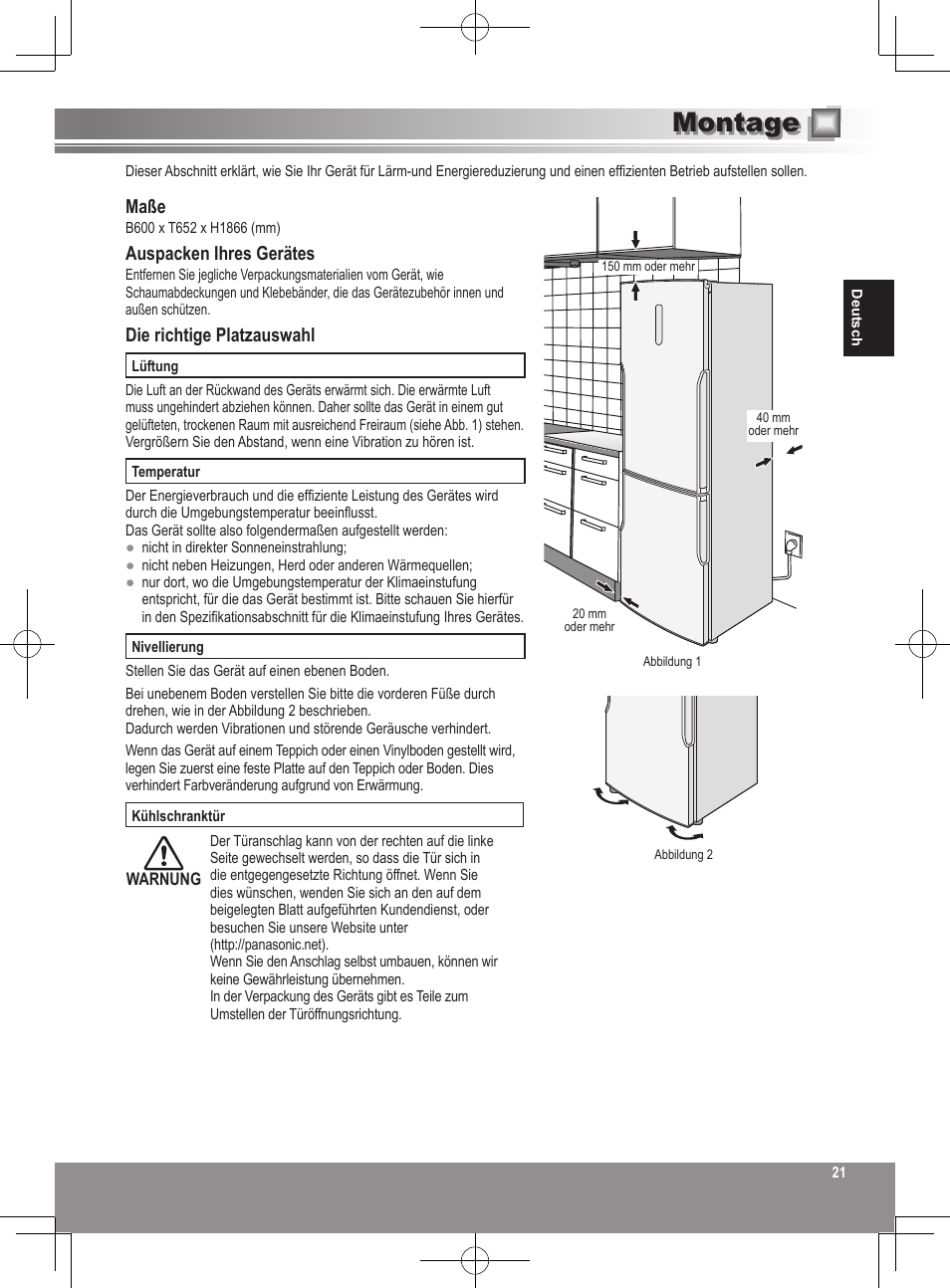 Montage, Maße, Auspacken ihres gerätes | Die richtige platzauswahl | Panasonic NRB32SW1 User Manual | Page 21 / 180