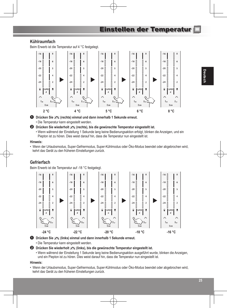 Einstellen der temperatur, Kühlraumfach, Gefrierfach | Panasonic NRB32SW1 User Manual | Page 25 / 180