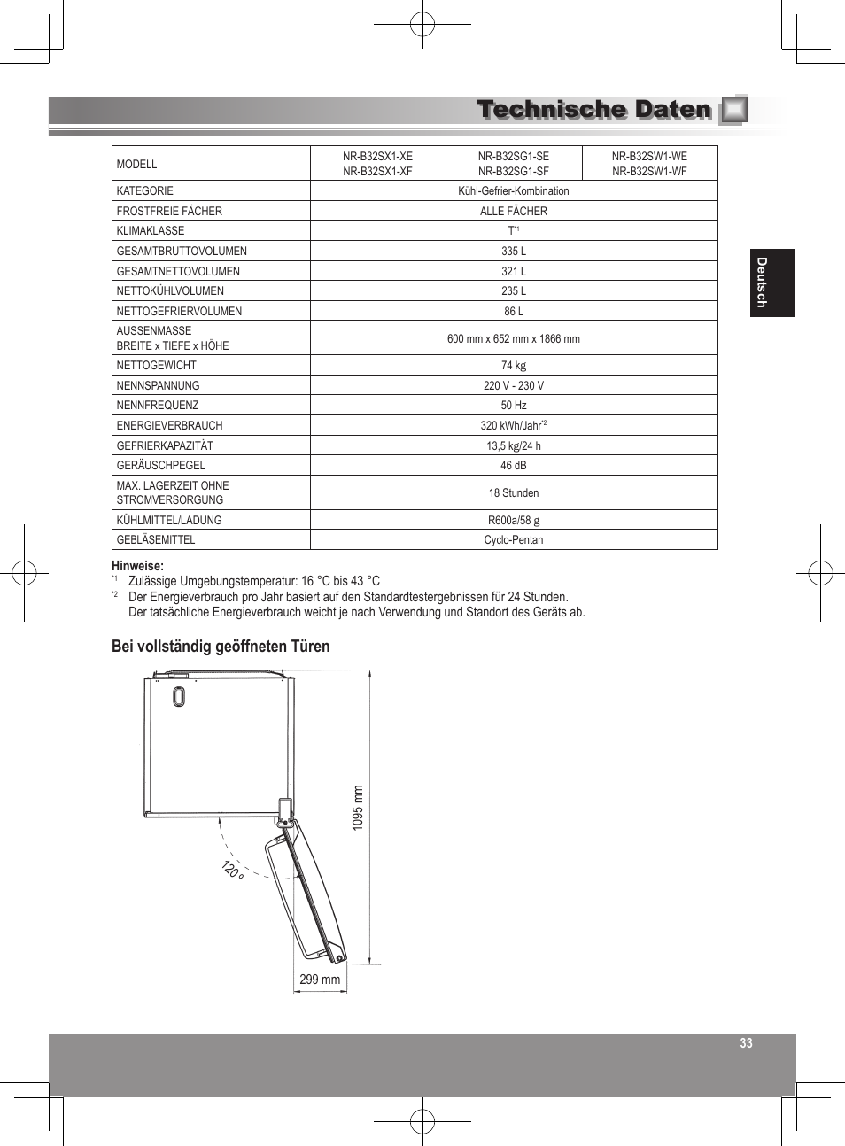 Technische daten, Bei vollständig geöffneten türen | Panasonic NRB32SW1 User Manual | Page 33 / 180