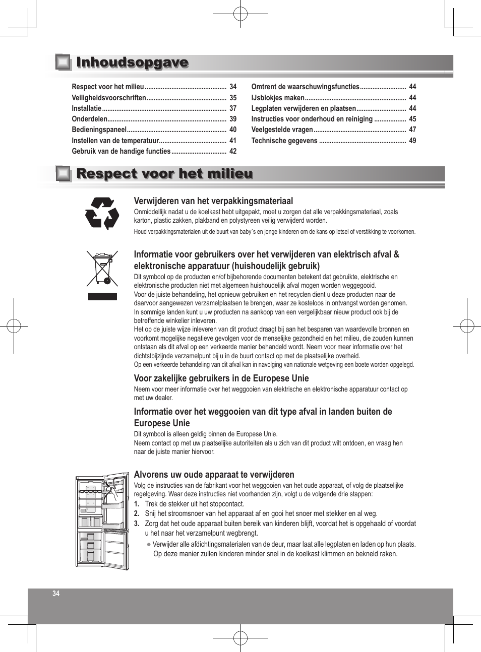 Respect voor het milieu inhoudsopgave | Panasonic NRB32SW1 User Manual | Page 34 / 180