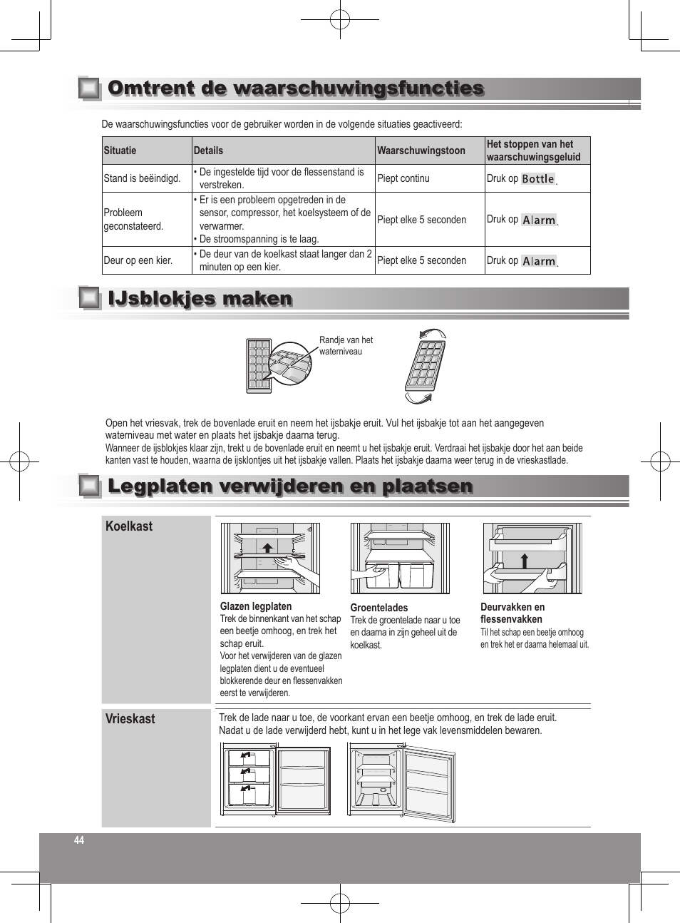 Ijsblokjes maken omtrent de waarschuwingsfuncties, Legplaten verwijderen en plaatsen, Koelkast vrieskast | Panasonic NRB32SW1 User Manual | Page 44 / 180