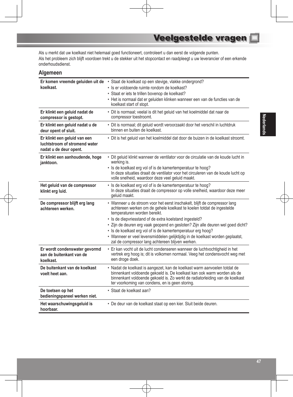 Veelgestelde vragen, Algemeen | Panasonic NRB32SW1 User Manual | Page 47 / 180