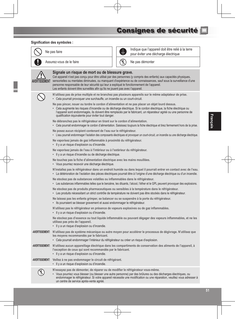 Consignes de sécurité | Panasonic NRB32SW1 User Manual | Page 51 / 180