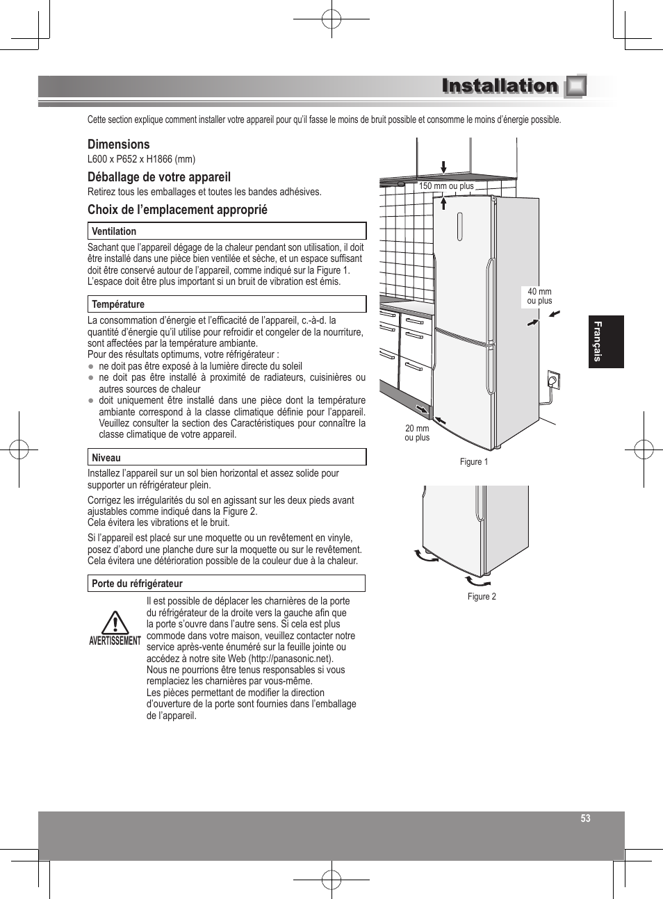 Installation, Dimensions, Déballage de votre appareil | Choix de l’emplacement approprié | Panasonic NRB32SW1 User Manual | Page 53 / 180