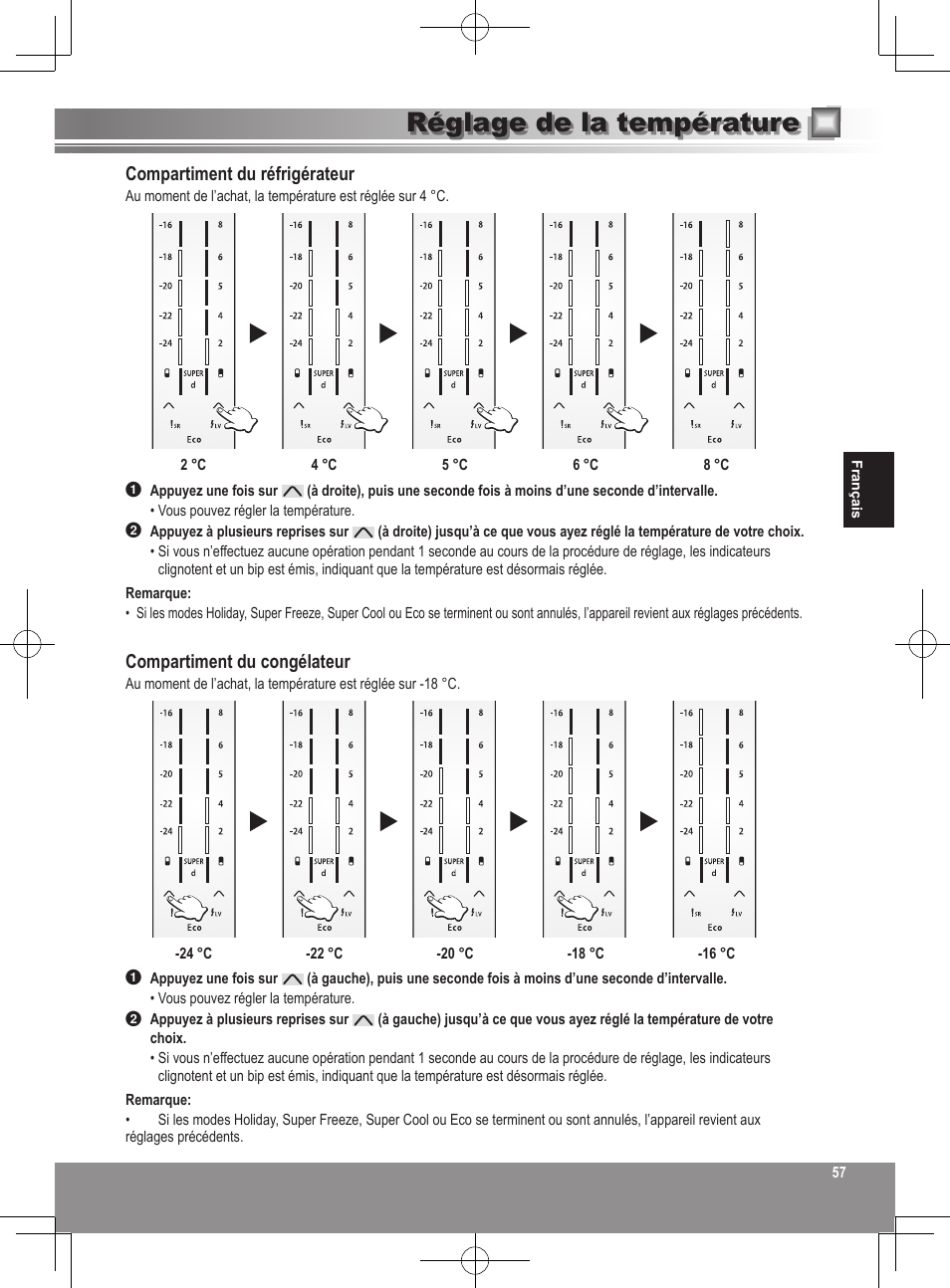 Réglage de la température, Compartiment du réfrigérateur, Compartiment du congélateur | Panasonic NRB32SW1 User Manual | Page 57 / 180