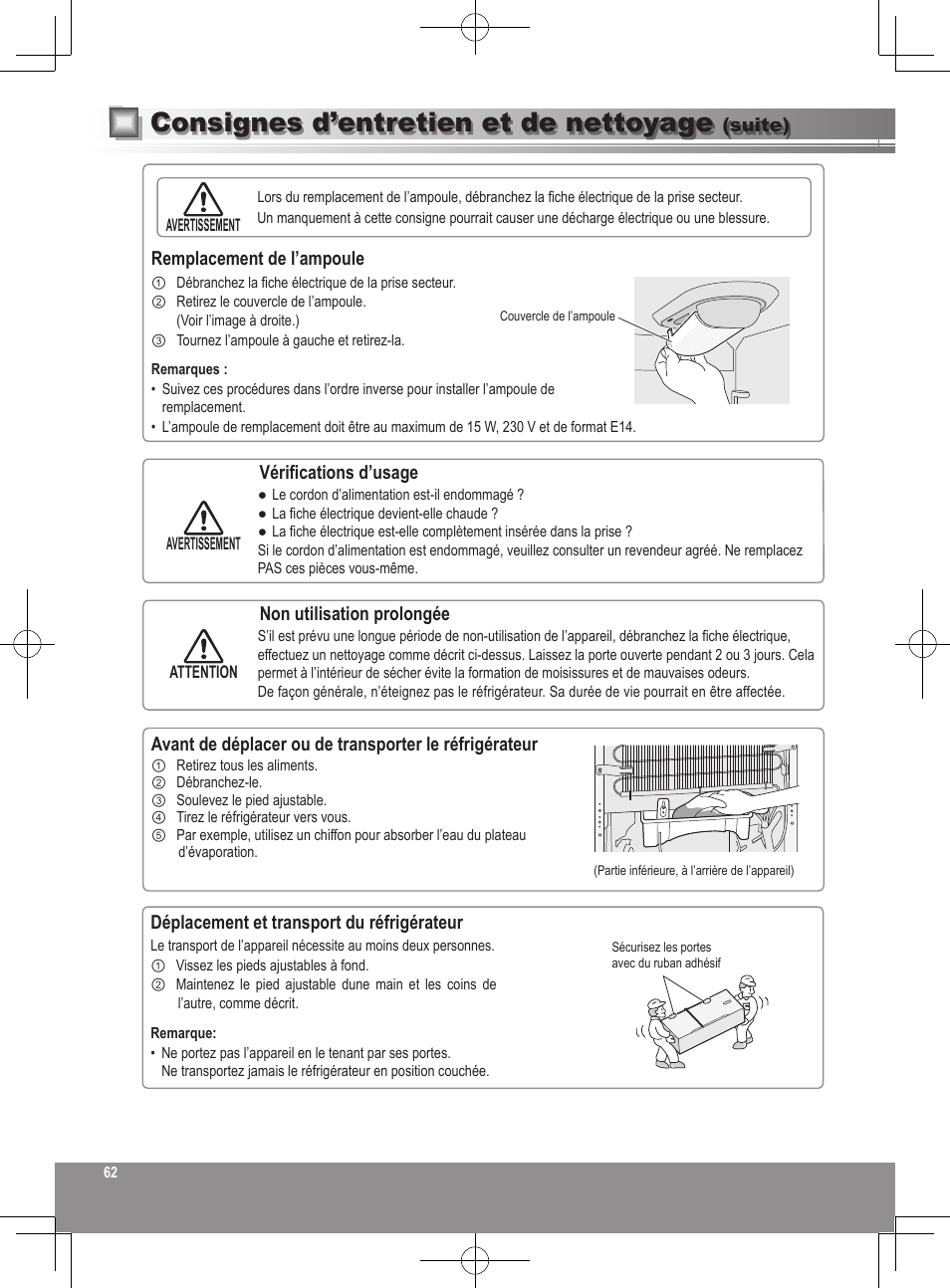 Consignes d’entretien et de nettoyage | Panasonic NRB32SW1 User Manual | Page 62 / 180