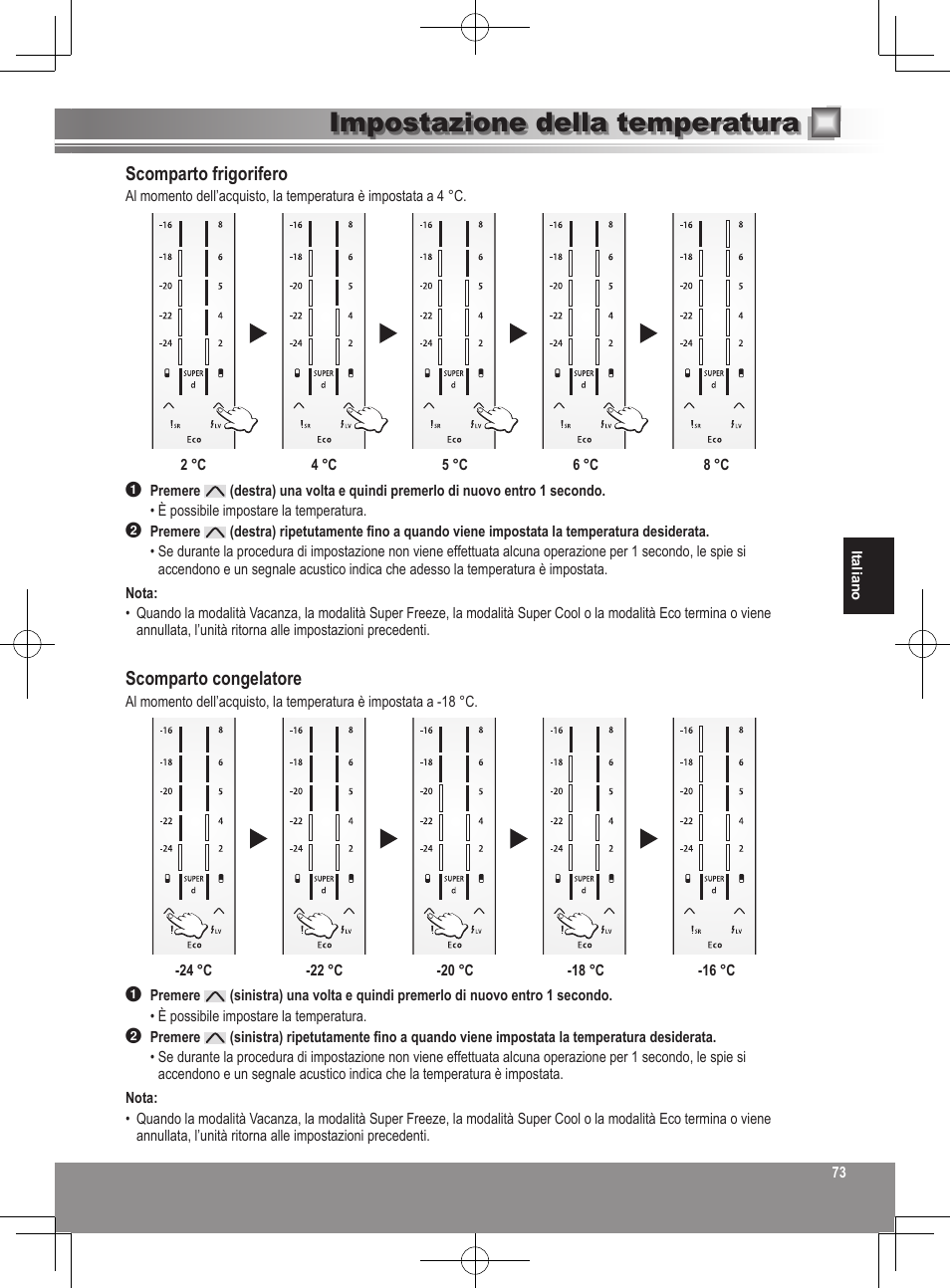 Impostazione della temperatura, Scomparto frigorifero, Scomparto congelatore | Panasonic NRB32SW1 User Manual | Page 73 / 180