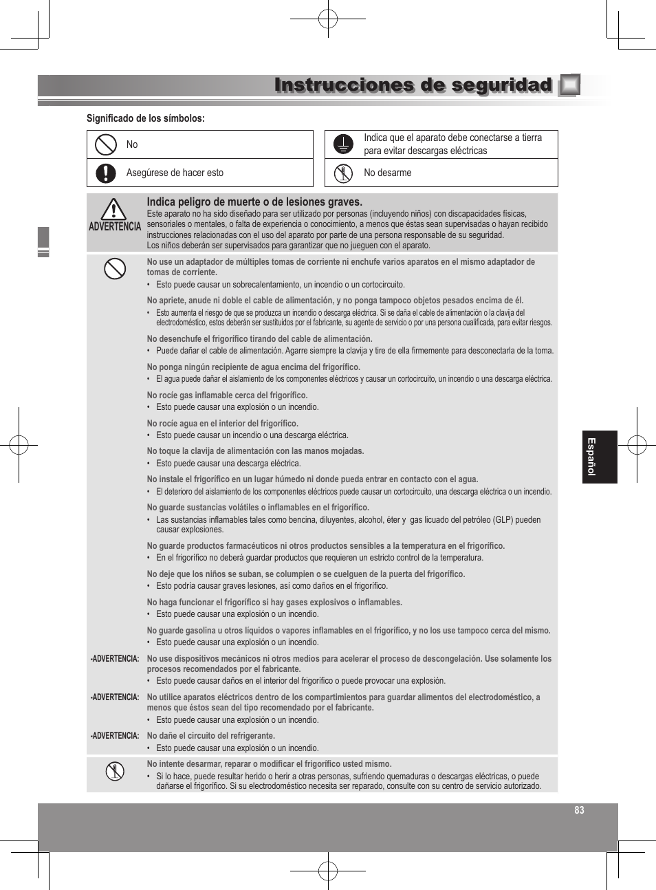 Instrucciones de seguridad | Panasonic NRB32SW1 User Manual | Page 83 / 180