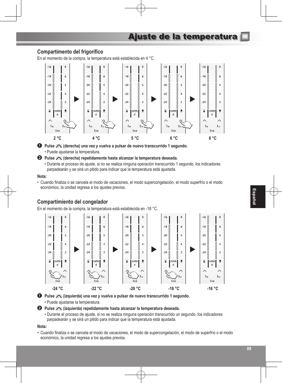 Ajuste de la temperatura, Compartimento del frigorífico, Compartimiento del congelador | Panasonic NRB32SW1 User Manual | Page 89 / 180