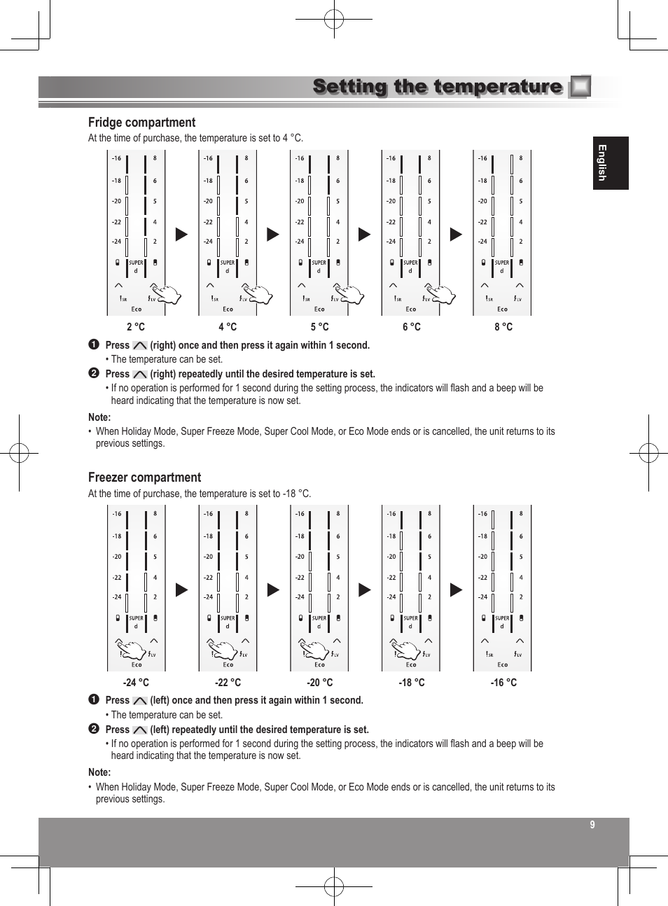 Setting the temperature, Fridge compartment, Freezer compartment | Panasonic NRB32SW1 User Manual | Page 9 / 180