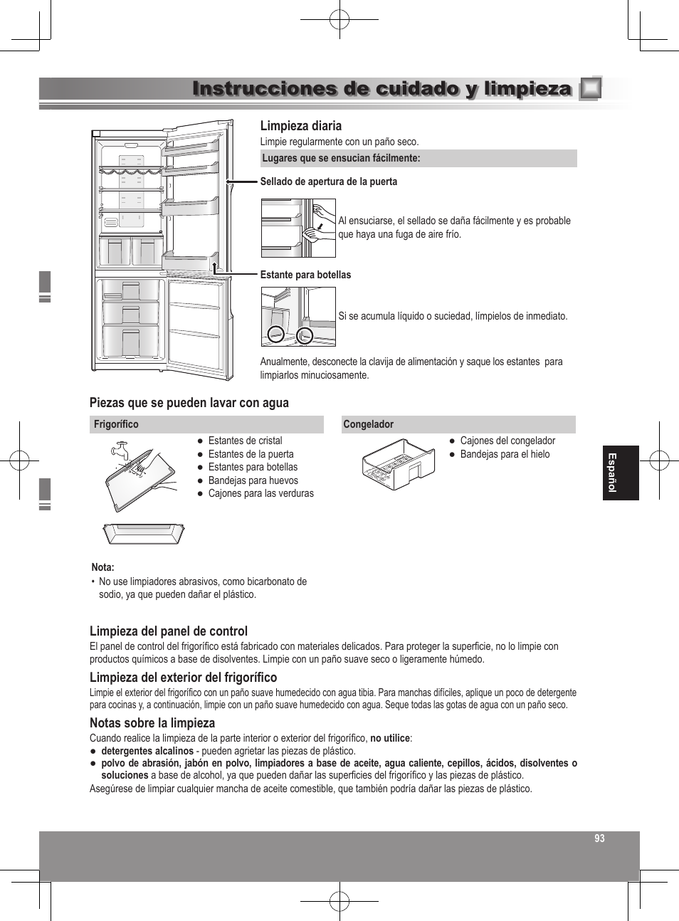 Instrucciones de cuidado y limpieza | Panasonic NRB32SW1 User Manual | Page 93 / 180