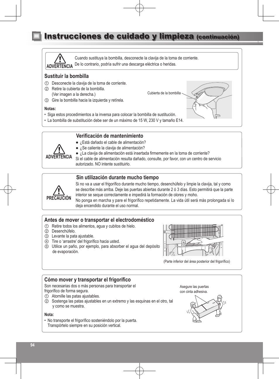 Instrucciones de cuidado y limpieza | Panasonic NRB32SW1 User Manual | Page 94 / 180