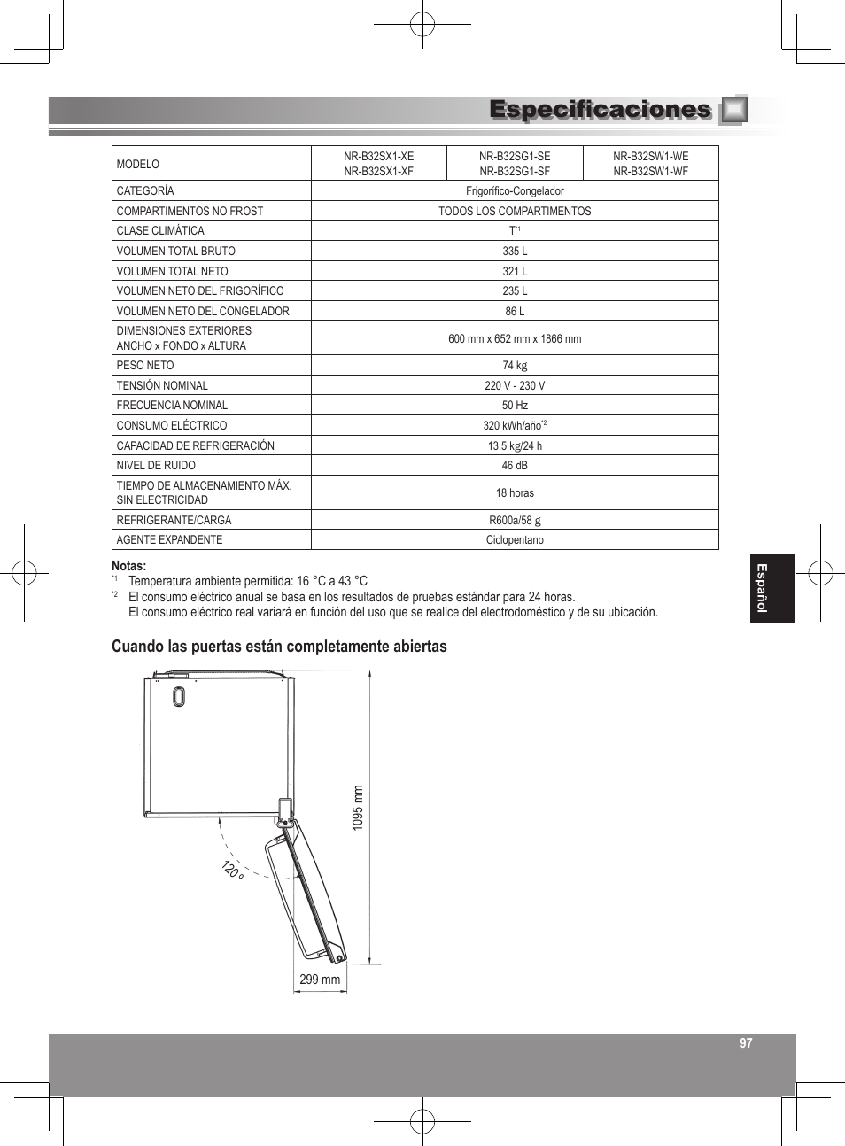 Especificaciones, Cuando las puertas están completamente abiertas | Panasonic NRB32SW1 User Manual | Page 97 / 180