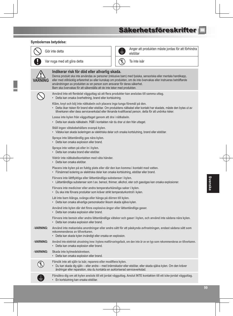 Säkerhetsföreskrifter | Panasonic NRB32SW1 User Manual | Page 99 / 180