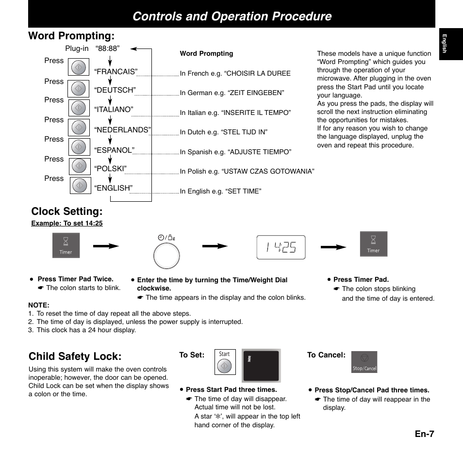 Controls and operation procedure, Word prompting, Child safety lock | Clock setting | Panasonic NNCD767MEPG User Manual | Page 10 / 218
