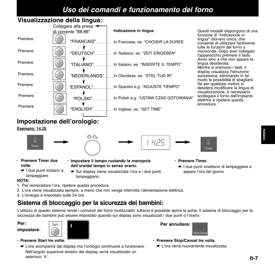 Uso dei comandi e funzionamento del forno, Visualizzazione della lingua, Sistema di bloccaggio per la sicurezza dei bambini | Impostazione dell’orologio | Panasonic NNCD767MEPG User Manual | Page 105 / 218