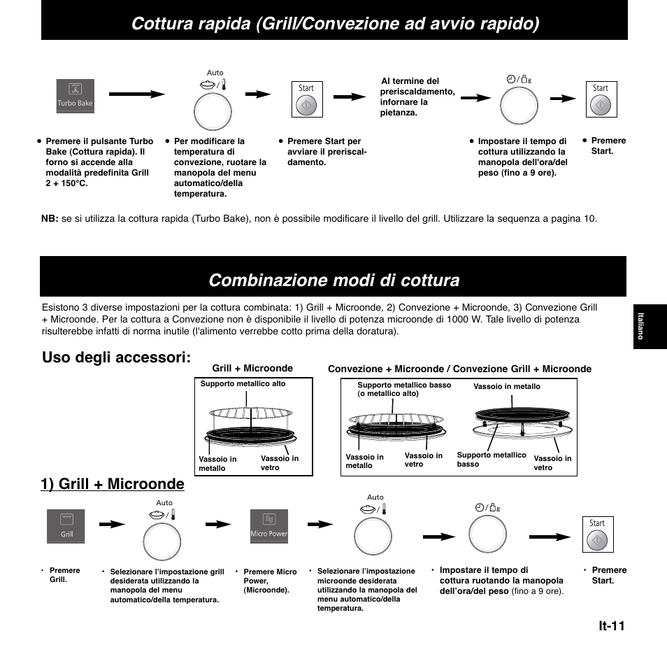 Combinazione modi di cottura, Cottura rapida (grill/convezione ad avvio rapido), Uso degli accessori | 1) grill + microonde, It-11 | Panasonic NNCD767MEPG User Manual | Page 109 / 218