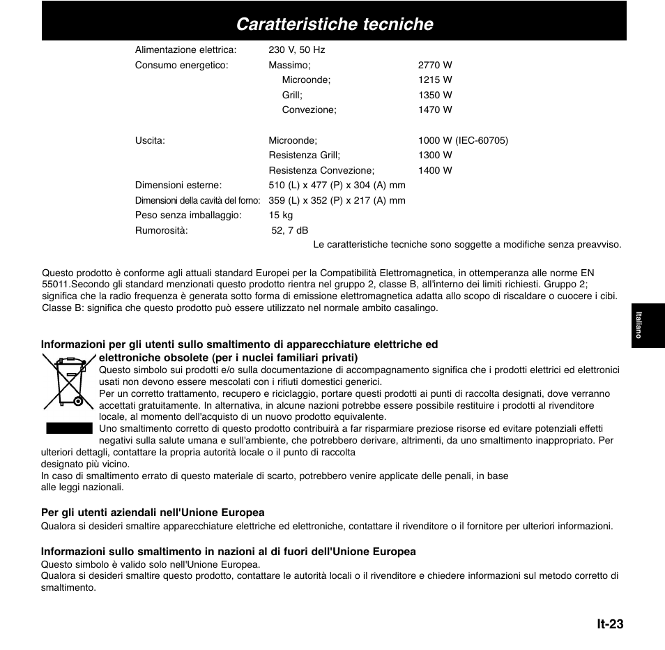 Caratteristiche tecniche, It-23 | Panasonic NNCD767MEPG User Manual | Page 121 / 218