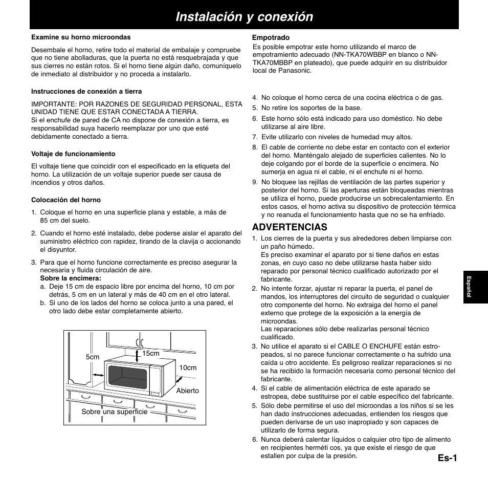 Instalación y conexión, Es-1, Advertencias | Panasonic NNCD767MEPG User Manual | Page 123 / 218