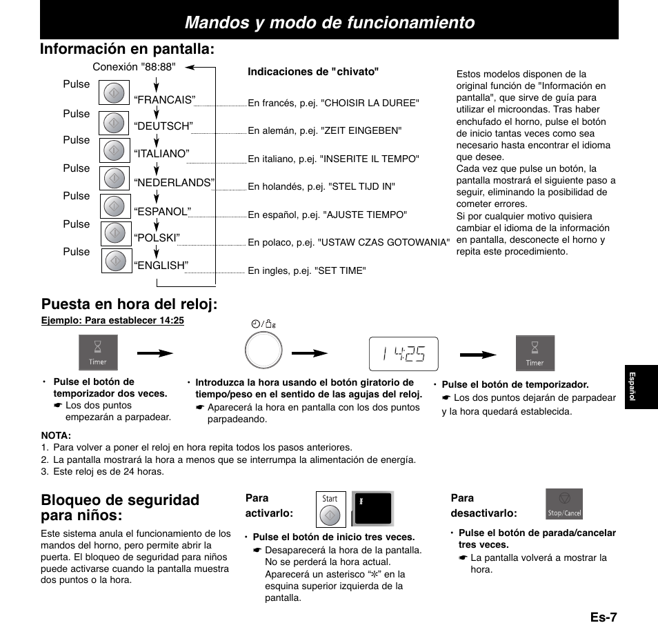 Mandos y modo de funcionamiento, Información en pantalla, Bloqueo de seguridad para niños | Puesta en hora del reloj | Panasonic NNCD767MEPG User Manual | Page 129 / 218