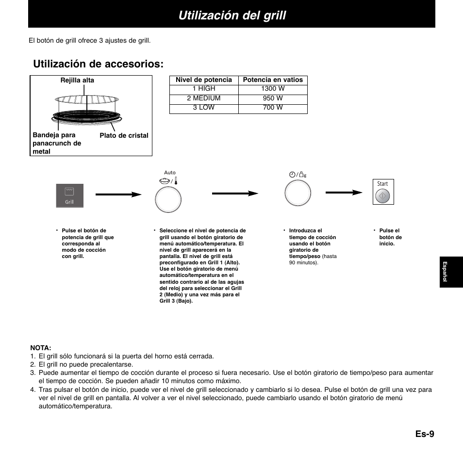Utilización del grill, Utilización de accesorios, Es-9 | Panasonic NNCD767MEPG User Manual | Page 131 / 218