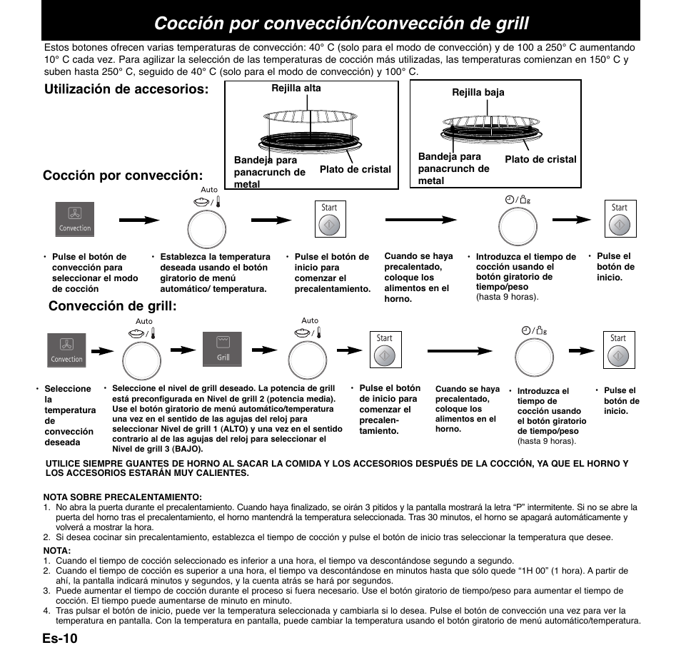 Cocción por convección/convección de grill, Es-10, Utilización de accesorios | Cocción por convección, Convección de grill | Panasonic NNCD767MEPG User Manual | Page 132 / 218