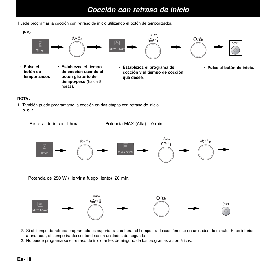 Cocción con retraso de inicio, Es-18 | Panasonic NNCD767MEPG User Manual | Page 140 / 218