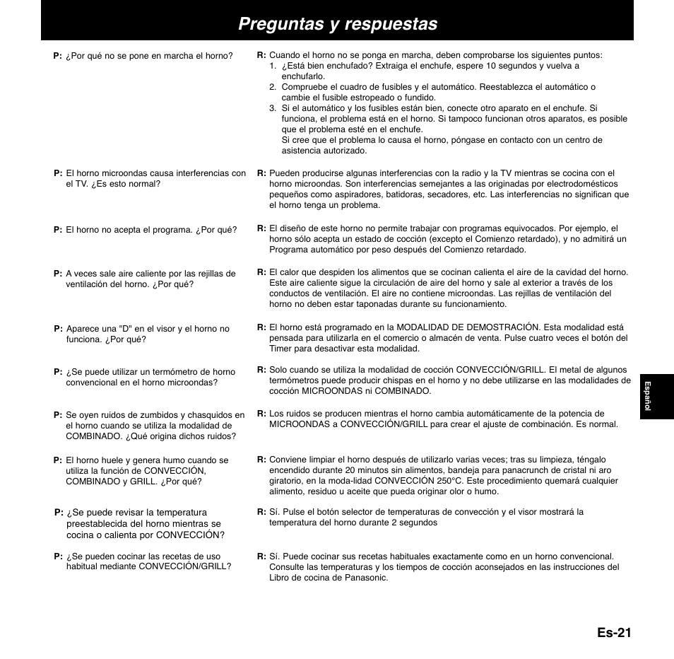 Preguntas y respuestas, Es-21 | Panasonic NNCD767MEPG User Manual | Page 143 / 218