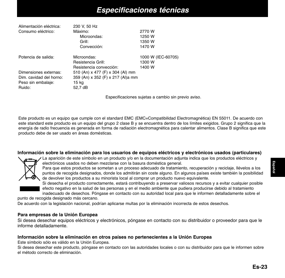 Especificaciones técnicas, Es-23 | Panasonic NNCD767MEPG User Manual | Page 145 / 218