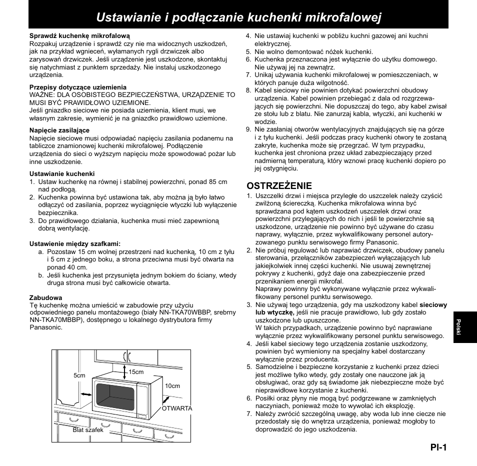 Ustawianie i podłączanie kuchenki mikrofalowej, Pl-1, Ostrzeżenie | Panasonic NNCD767MEPG User Manual | Page 147 / 218