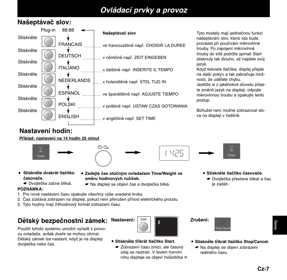 Ovládací prvky a provoz, Našeptávač slov, Dětský bezpečnostní zámek | Nastavení hodin | Panasonic NNCD767MEPG User Manual | Page 177 / 218