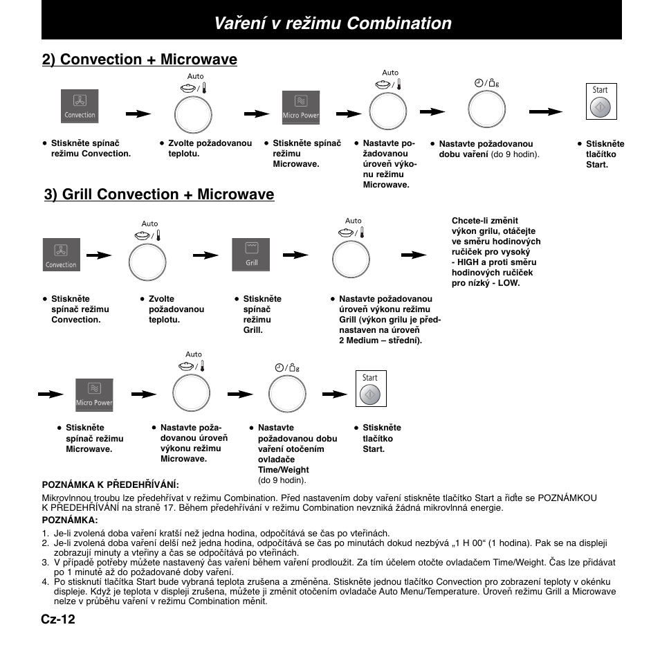 Vaření v režimu combination, 3) grill convection + microwave, 2) convection + microwave | Cz-12 | Panasonic NNCD767MEPG User Manual | Page 182 / 218