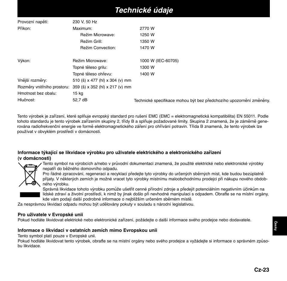 Technické údaje, Cz-23 | Panasonic NNCD767MEPG User Manual | Page 193 / 218