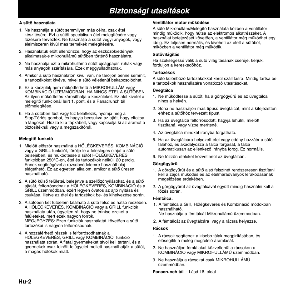 Biztonsági utasítások, Hu-2 | Panasonic NNCD767MEPG User Manual | Page 196 / 218