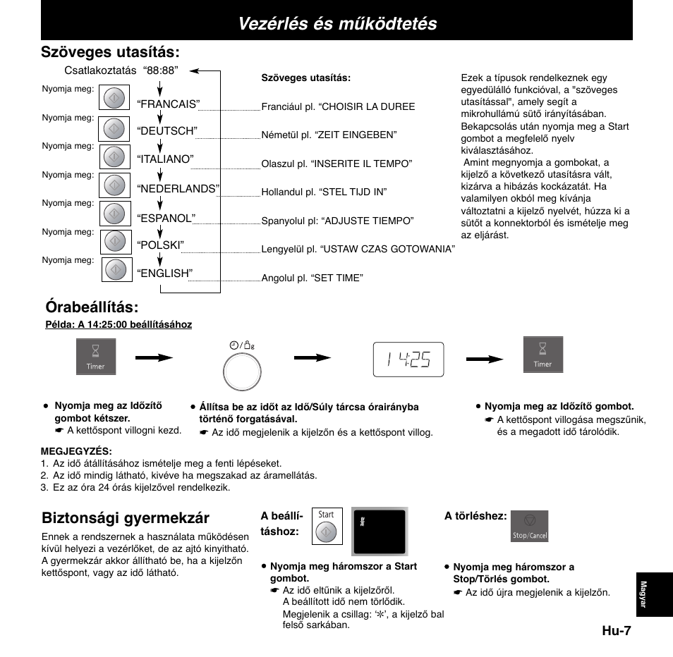 Vezérlés és működtetés, Szöveges utasítás, Biztonsági gyermekzár | Órabeállítás, Hu-7 | Panasonic NNCD767MEPG User Manual | Page 201 / 218