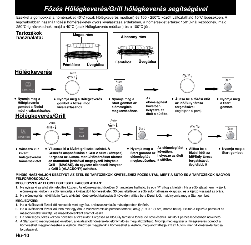 Főzés hőlégkeverés/grill hőlégkeverés segítségével, Hőlégkeverés/grill hőlégkeverés, Hu-10 | Tartozékok használata | Panasonic NNCD767MEPG User Manual | Page 204 / 218