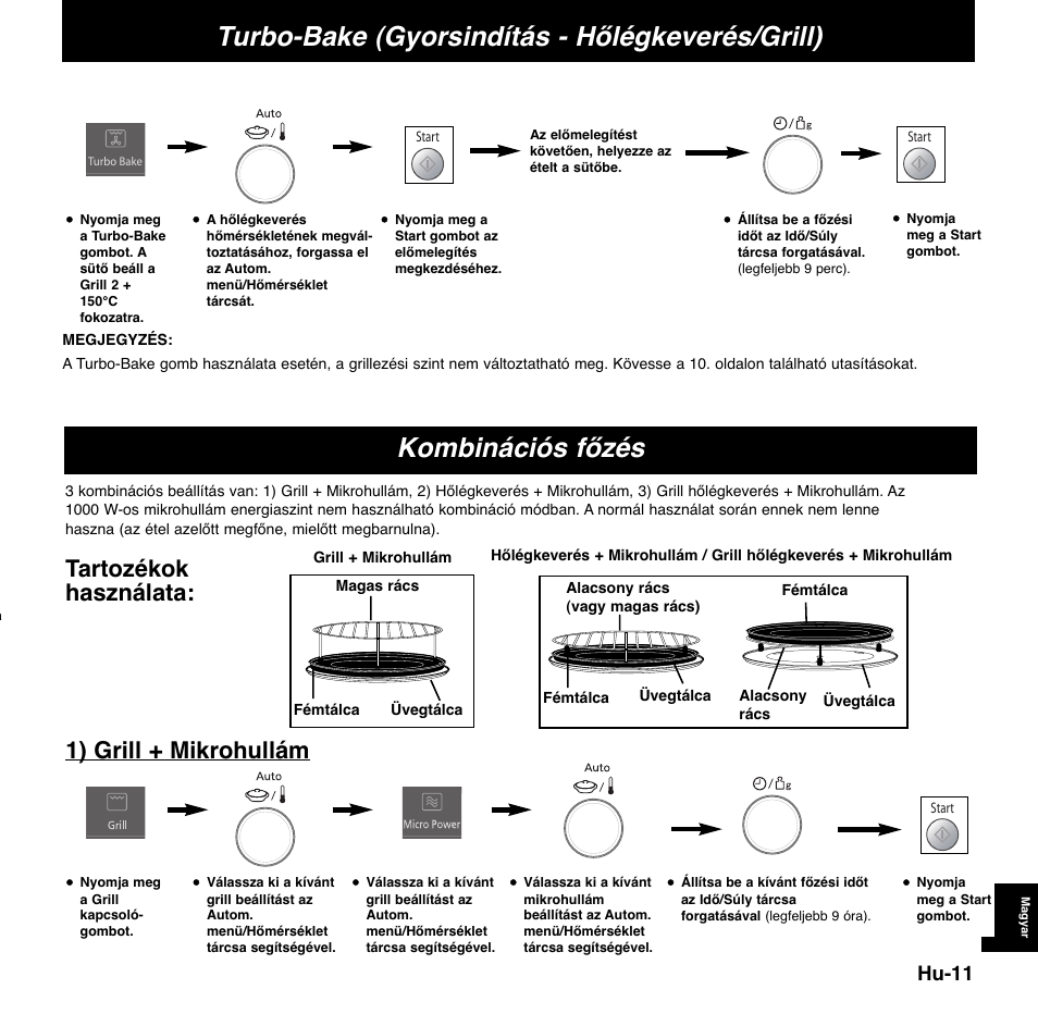 Turbo-bake (gyorsindítás - hőlégkeverés/grill), Kombinációs főzés, Tartozékok használata | 1) grill + mikrohullám, Hu-11 | Panasonic NNCD767MEPG User Manual | Page 205 / 218