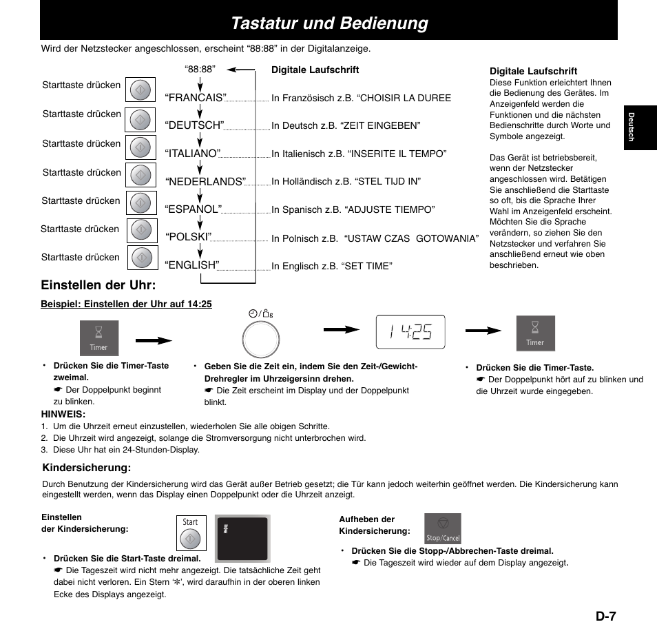 Tastatur und bedienung, Einstellen der uhr | Panasonic NNCD767MEPG User Manual | Page 33 / 218