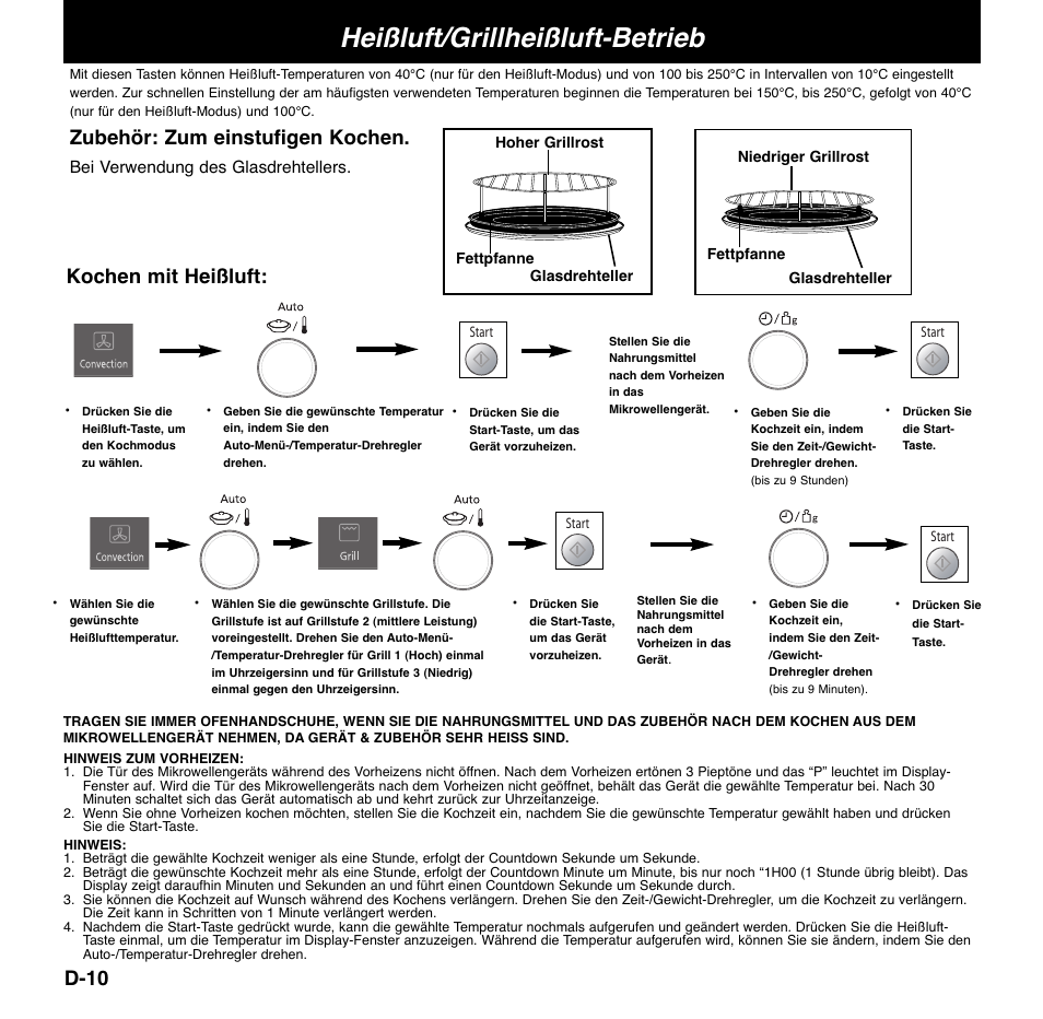 Heißluft/grillheißluft-betrieb, D-10, Zubehör: zum einstufigen kochen | Kochen mit heißluft | Panasonic NNCD767MEPG User Manual | Page 36 / 218