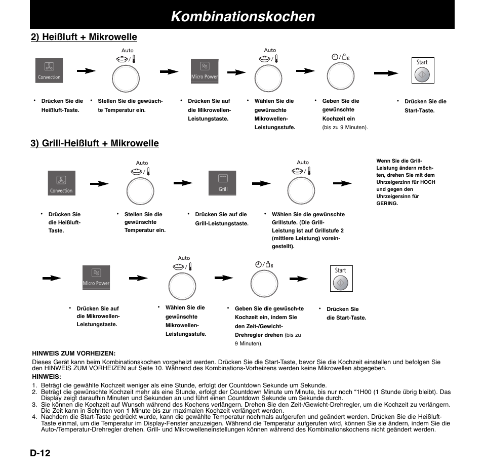Kombinationskochen, D-12 2) heißluft + mikrowelle, 3) grill-heißluft + mikrowelle | Panasonic NNCD767MEPG User Manual | Page 38 / 218