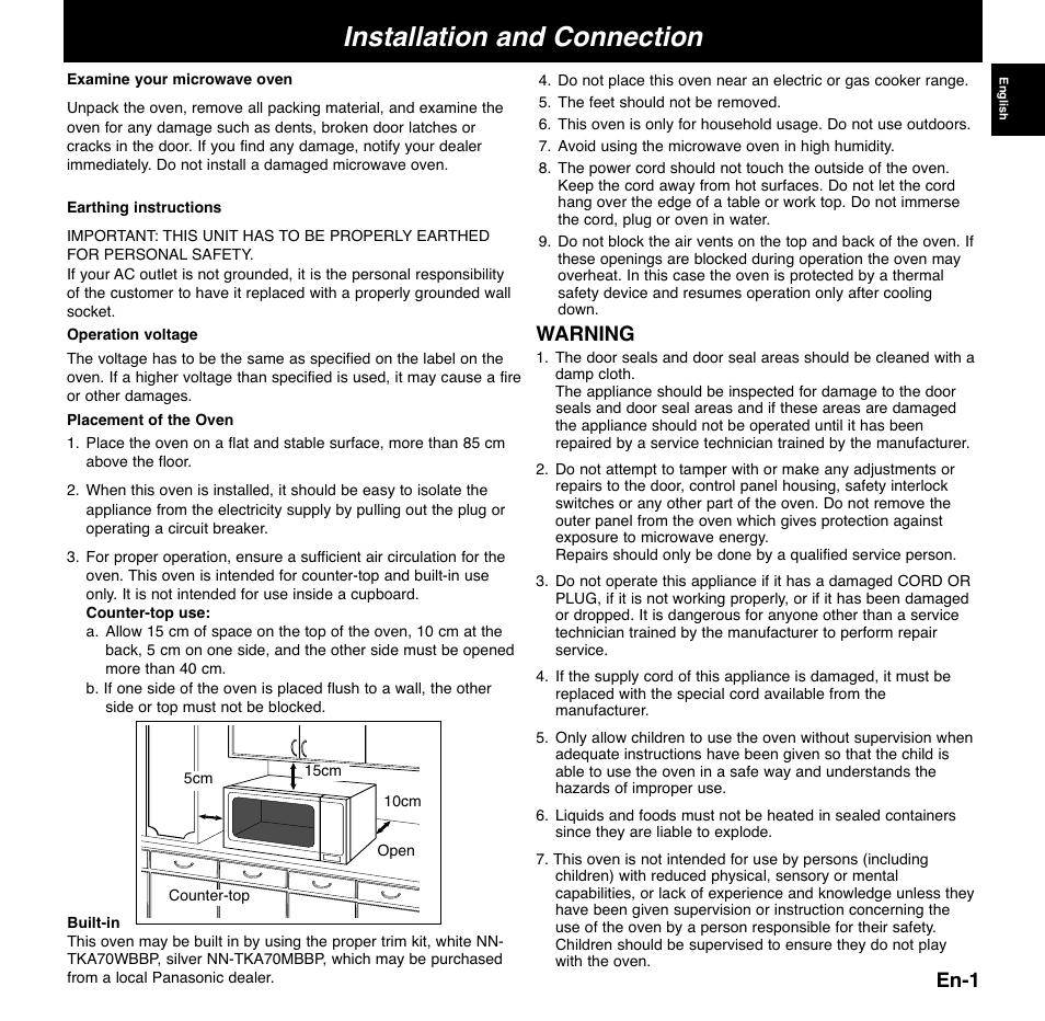 Installation and connection, En-1, Warning | Panasonic NNCD767MEPG User Manual | Page 4 / 218