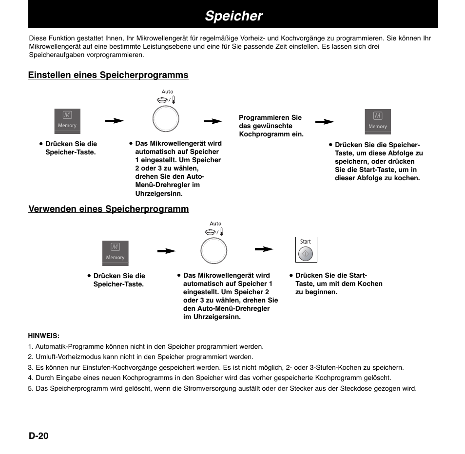 Speicher, D-20, Einstellen eines speicherprogramms | Verwenden eines speicherprogramm | Panasonic NNCD767MEPG User Manual | Page 46 / 218