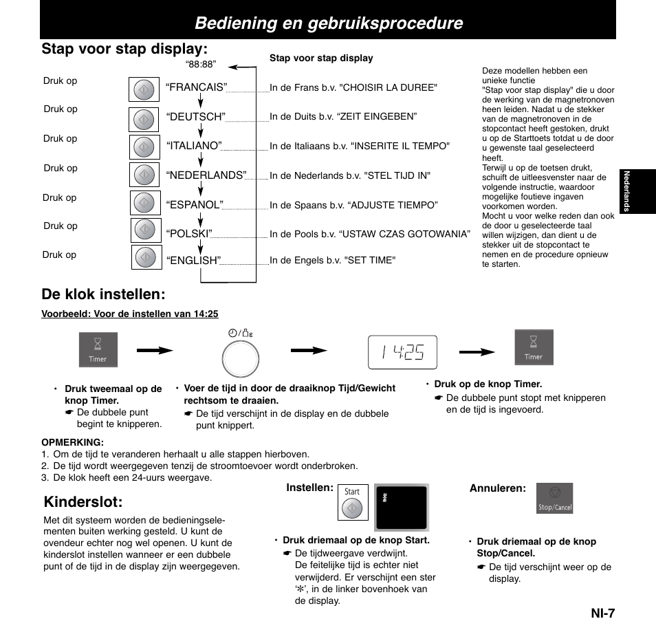 Bediening en gebruiksprocedure, De klok instellen, Stap voor stap display | Kinderslot | Panasonic NNCD767MEPG User Manual | Page 57 / 218