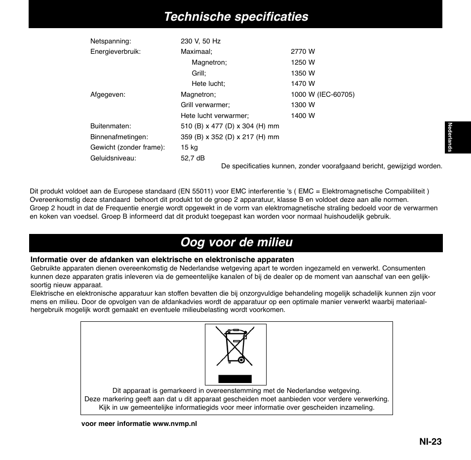 Technische specificaties, Oog voor de milieu | Panasonic NNCD767MEPG User Manual | Page 73 / 218