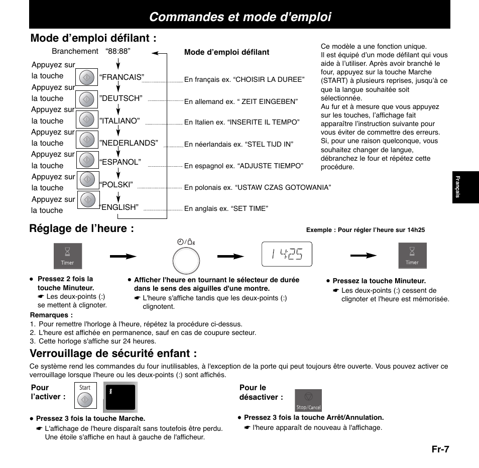 Commandes et mode d'emploi, Réglage de l’heure, Mode d’emploi défilant | Verrouillage de sécurité enfant | Panasonic NNCD767MEPG User Manual | Page 81 / 218